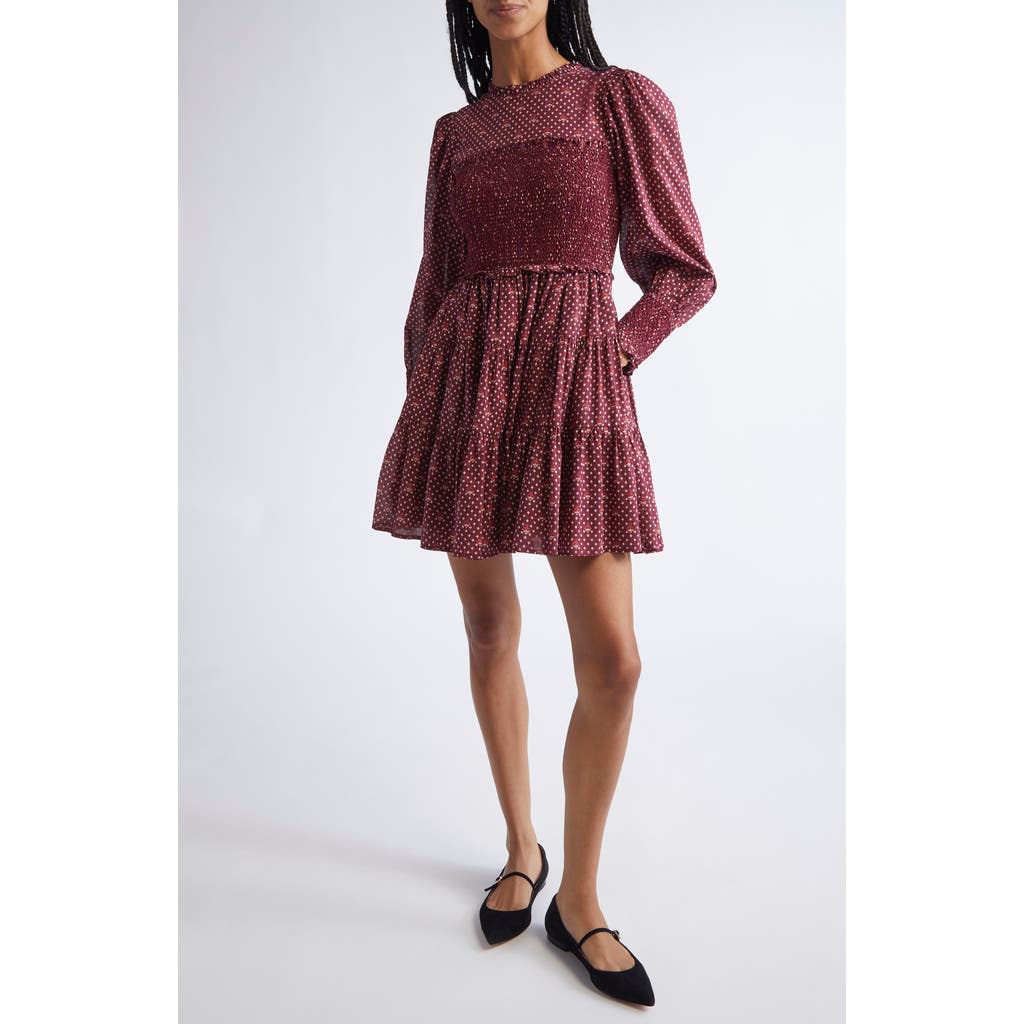 Mille Maeve Scarf Print Long Sleeve Cotton Dress In Burgundy