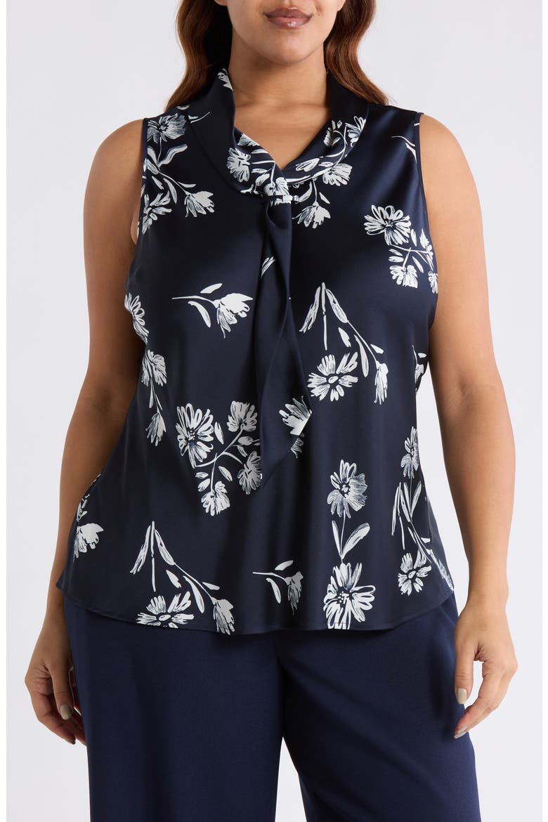 Floral Tie Neck Sleeveless Satin Top, Main, color, NAVY IVORY