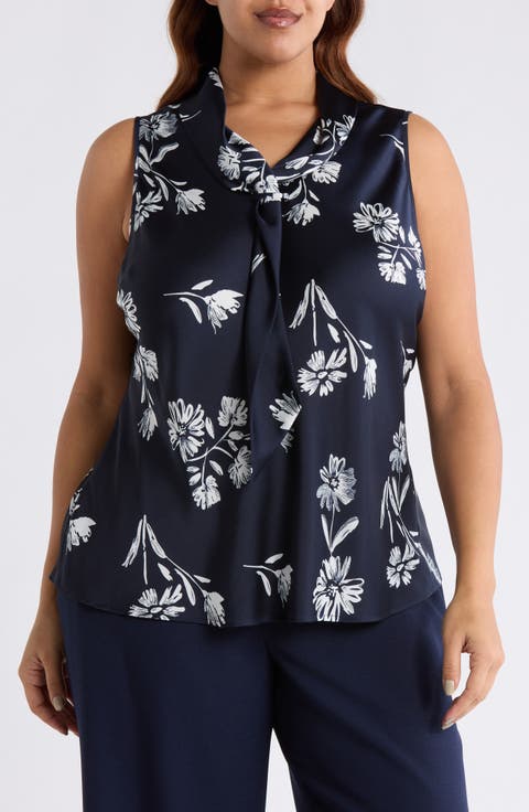 Floral Tie Neck Sleeveless Satin Top (Plus)