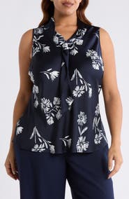 Tahari ASL Floral Tie Neck Sleeveless Satin Top