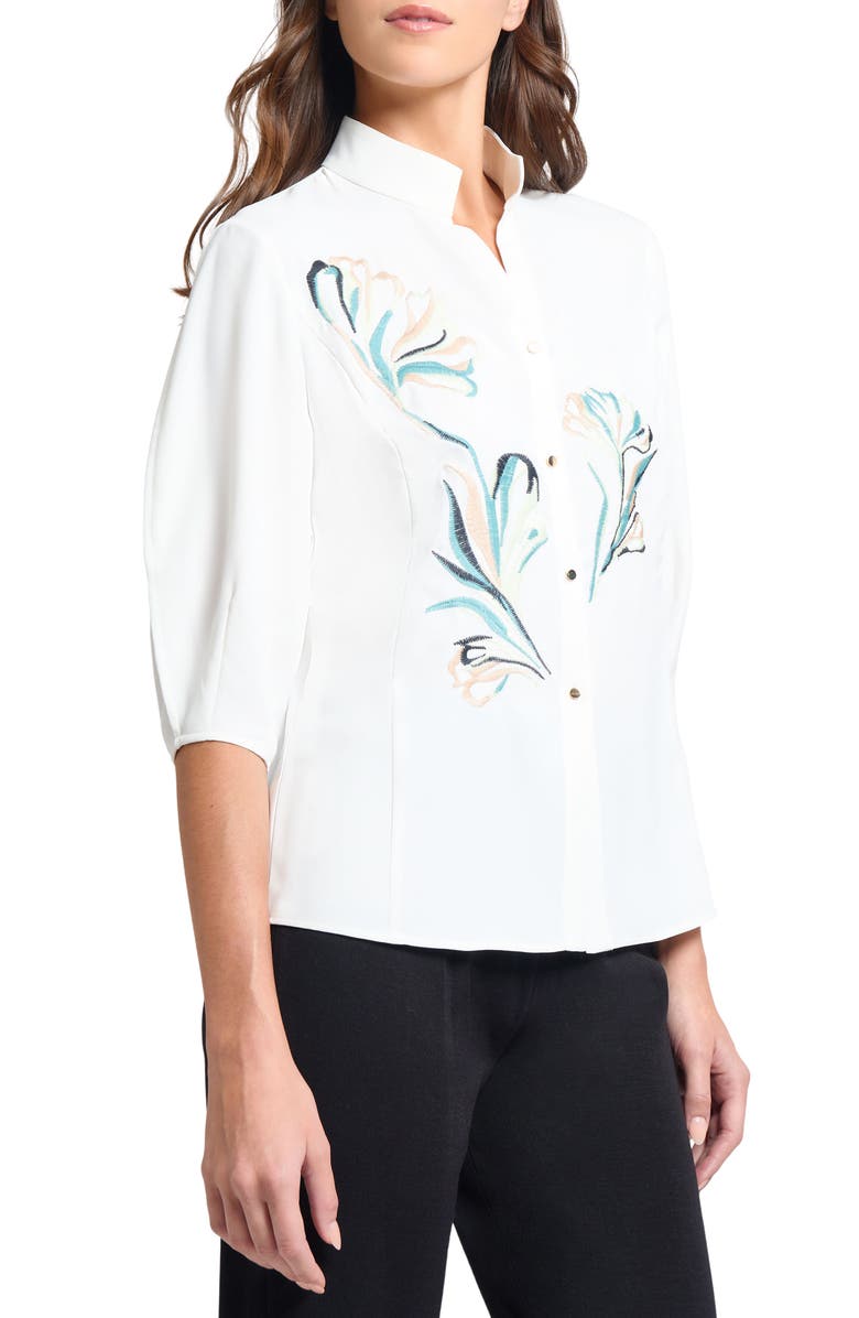 Misook Floral Embroidered Button-Up Shirt, Alternate, color, White/ Green Multi