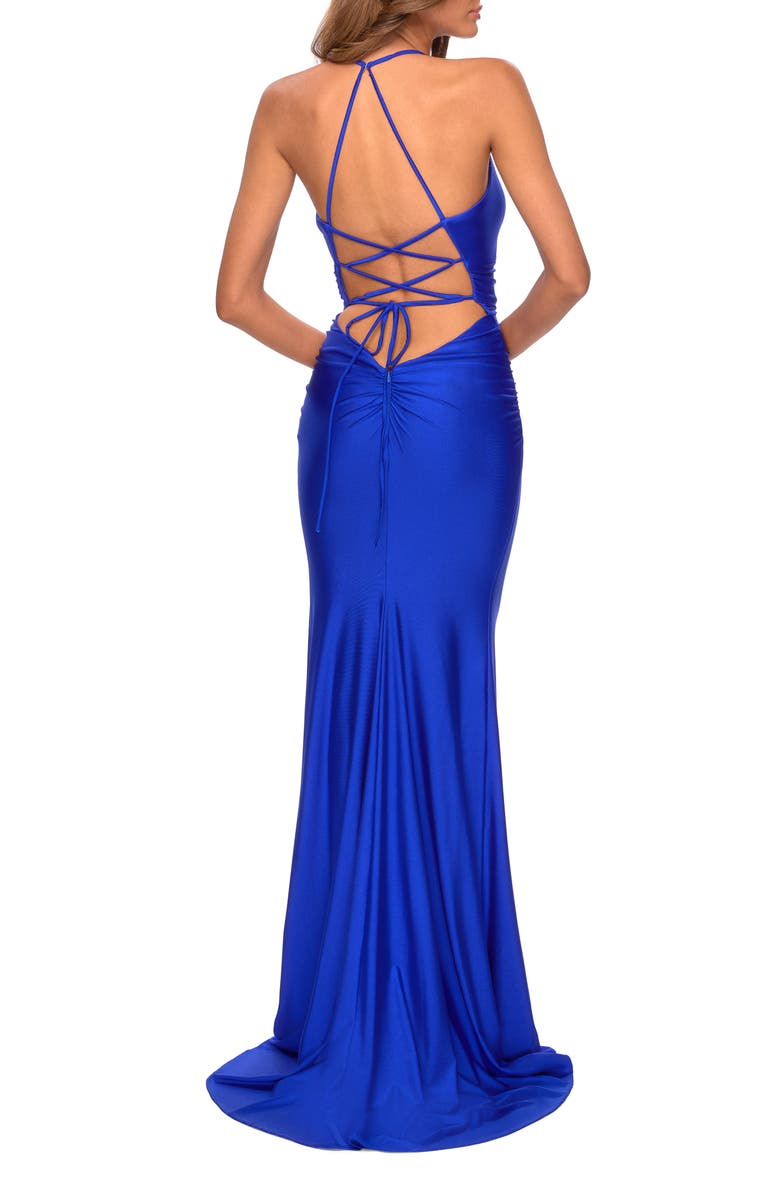 La Femme Empire Waist Dress with Ruching and Lace Up Back, Alternate, color, Royal Blue