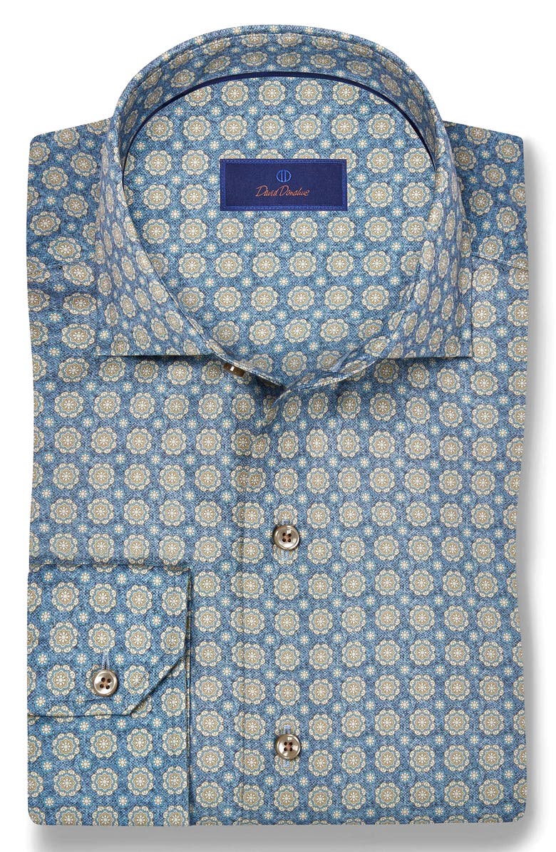 David Donahue Medallion Print Cotton Button-Up Shirt, Alternate, color, Blue/ Dune