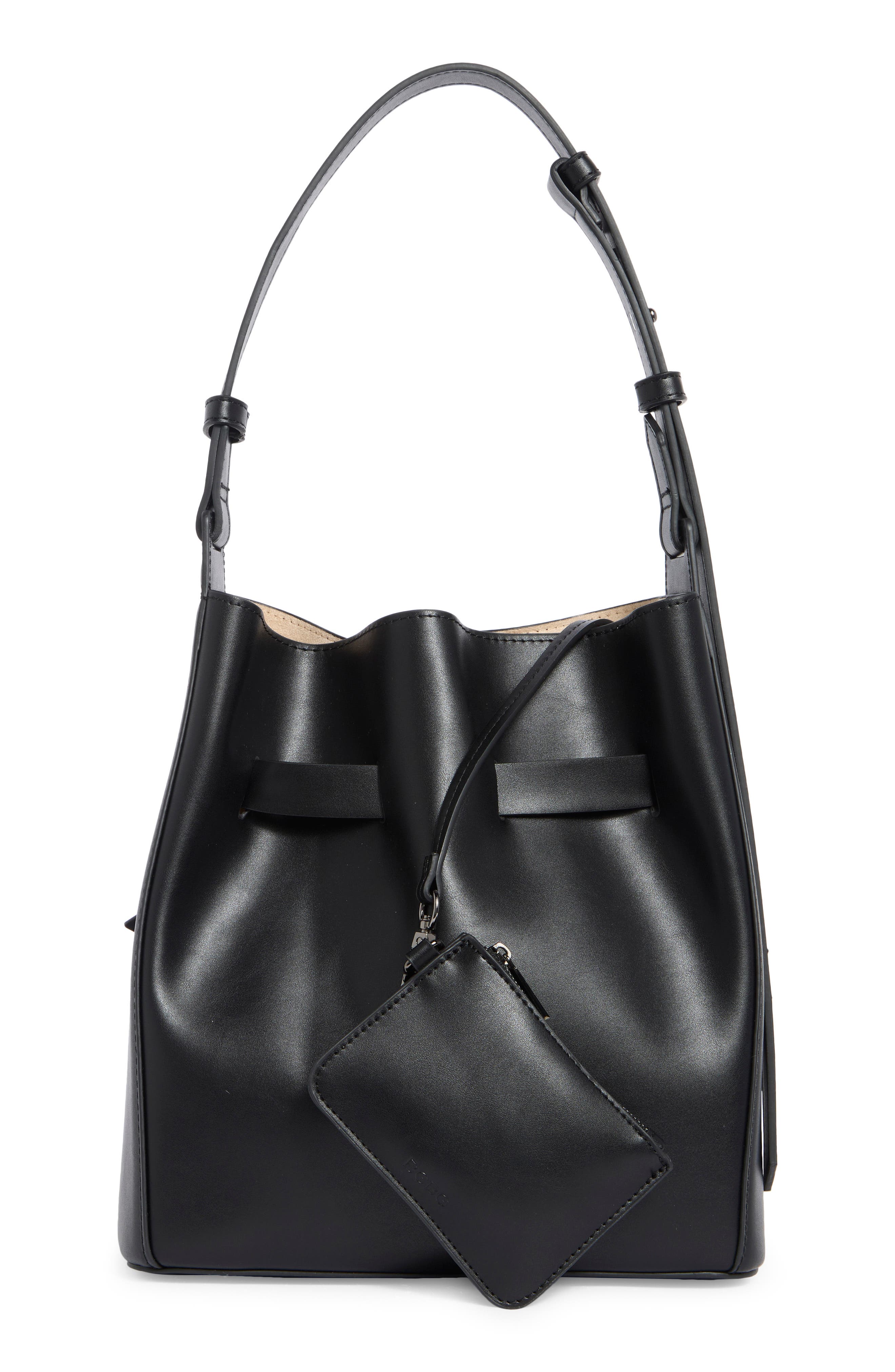 BCBG Knotted Faux Leather Bucket Bag, Alternate, color, Black