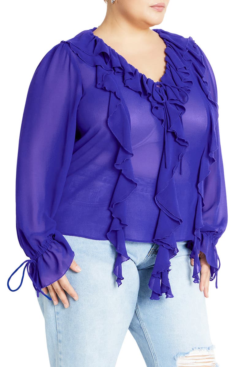 City Chic Felix Ruffle Long Sleeve Tiered Dress, Main, color, Cobalt