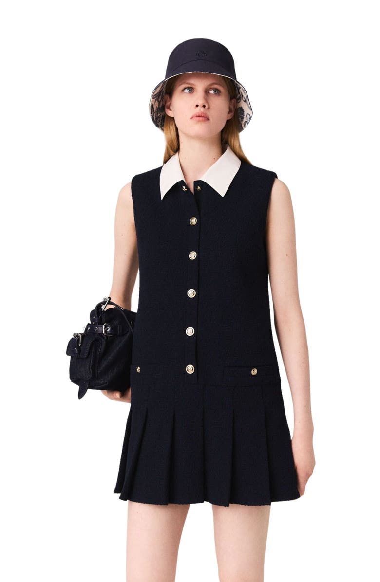 maje Mini tweed dress with removable collar, Alternate, color, Navy