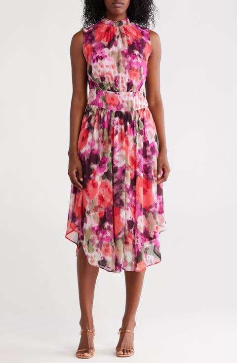 Floral Mock Neck Sleeveless Midi Dress