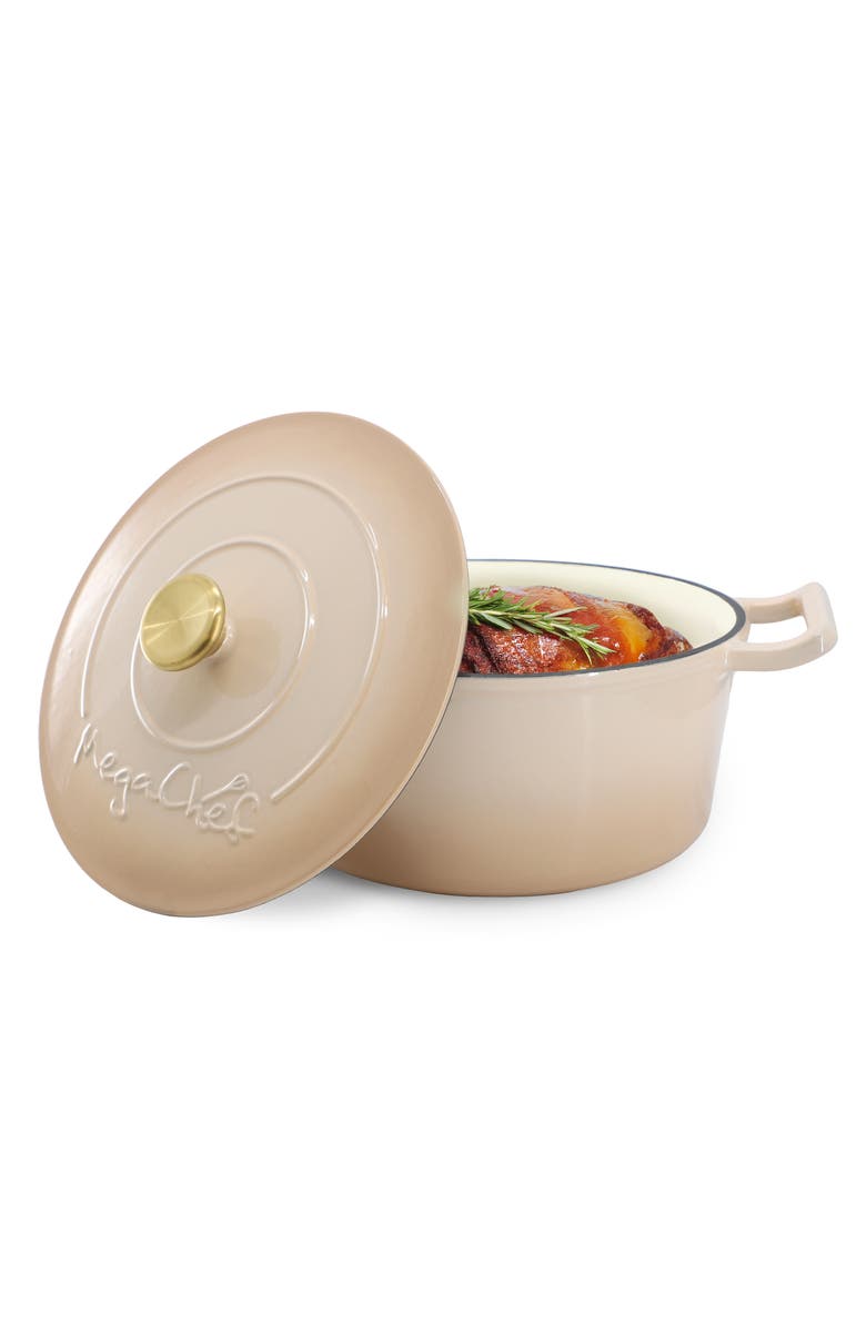 Megachef 5.3 Quarts Round Enameled Cast Iron Casserole with Self Basting Lid, Main, color, Peanut Butter
