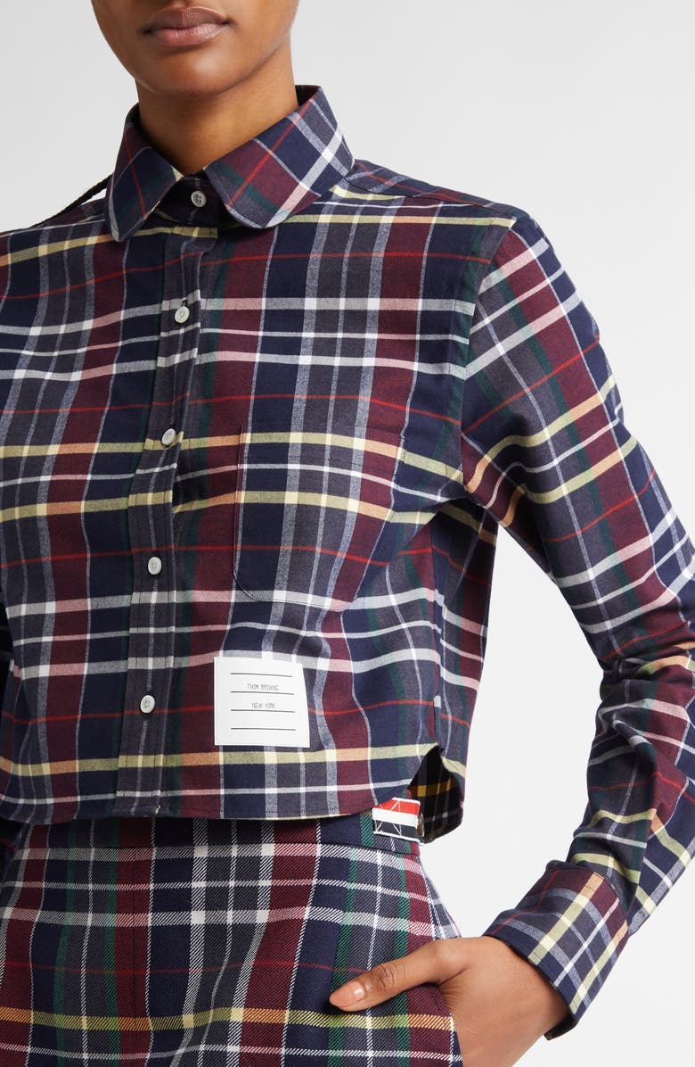Thom Browne Plaid Crop Cotton Flannel Button-Up Shirt, Alternate, color, 