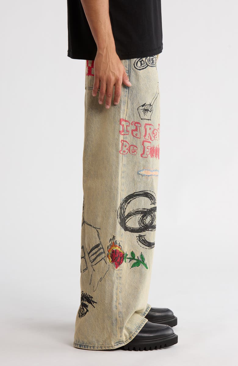 DIET STARTS MONDAY Doodle Distressed Wide Leg Jeans, Alternate, color, Sand