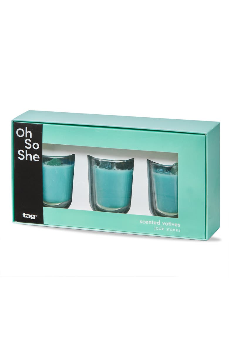 Scented Votive W/Jade Stones S/3 Aqua Glass Everyday, Main, color, Blue