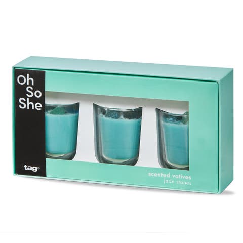 Scented Votive W/Jade Stones S/3 Aqua Glass Everyday