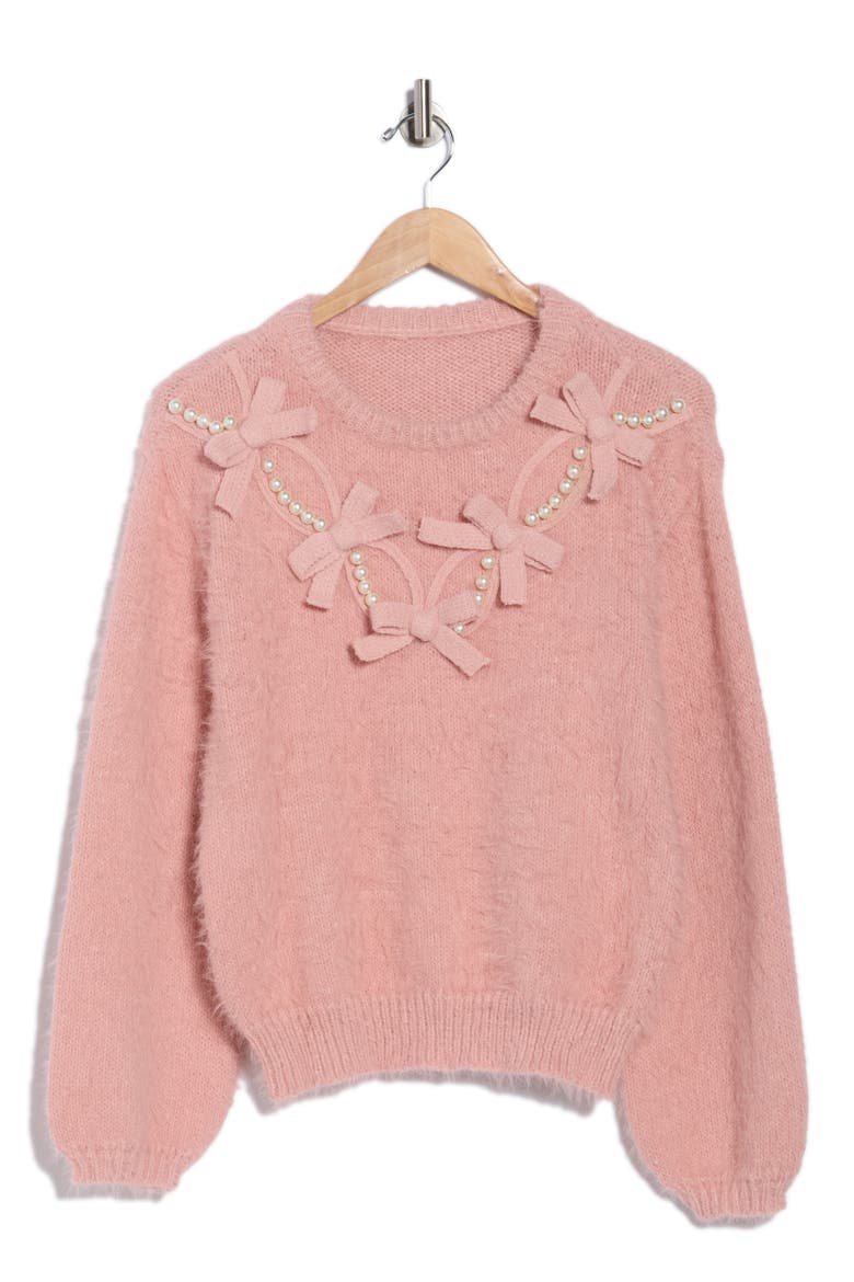 Faux Pearl & Bow Embellished Crewneck Sweater, Alternate, color, PEACH BEIGE
