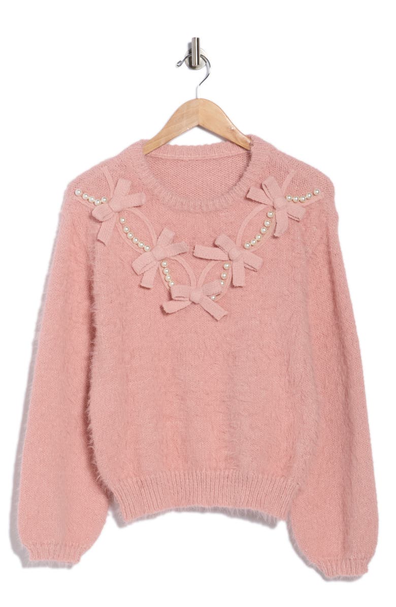 Love By Design Faux Pearl & Bow Embellished Crewneck Sweater, Alternate, color, Peach Beige