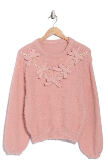Love By Design Faux Pearl & Bow Embellished Crewneck Sweater In Pink