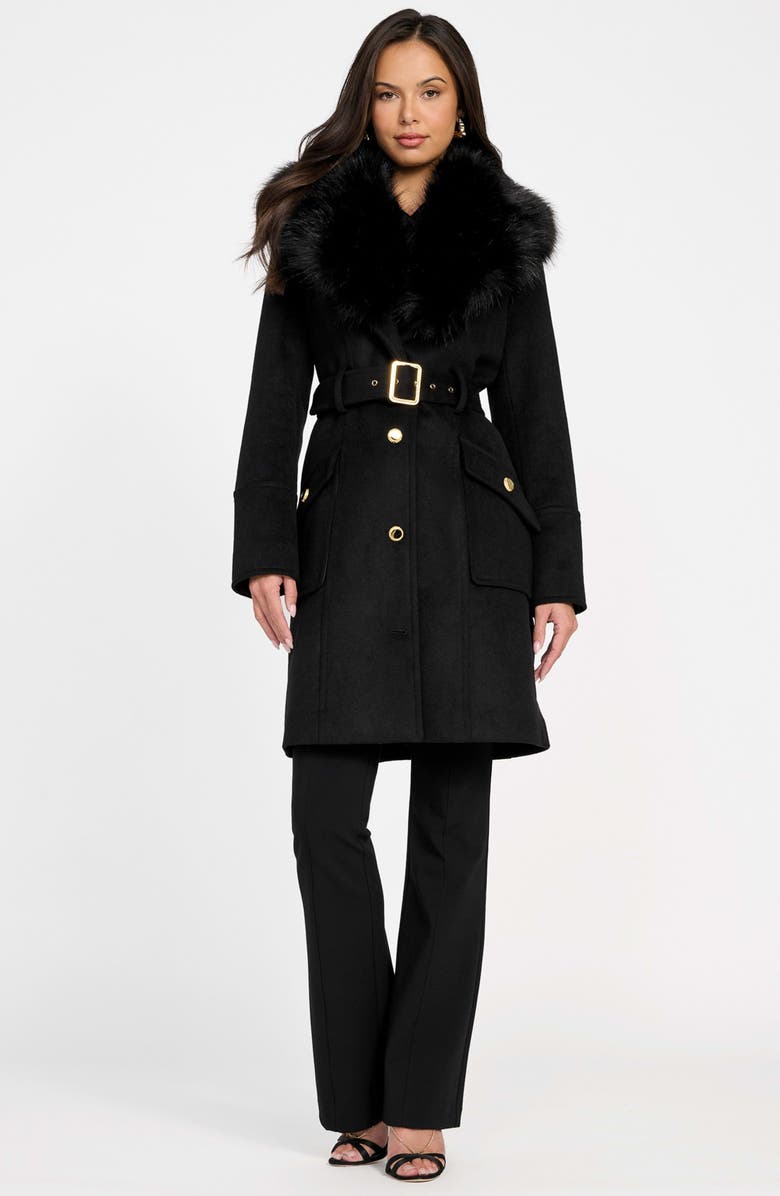 Marciano Alice Belted Coat with Removable Faux Fur Collar, Alternate, color, Jblack-Black