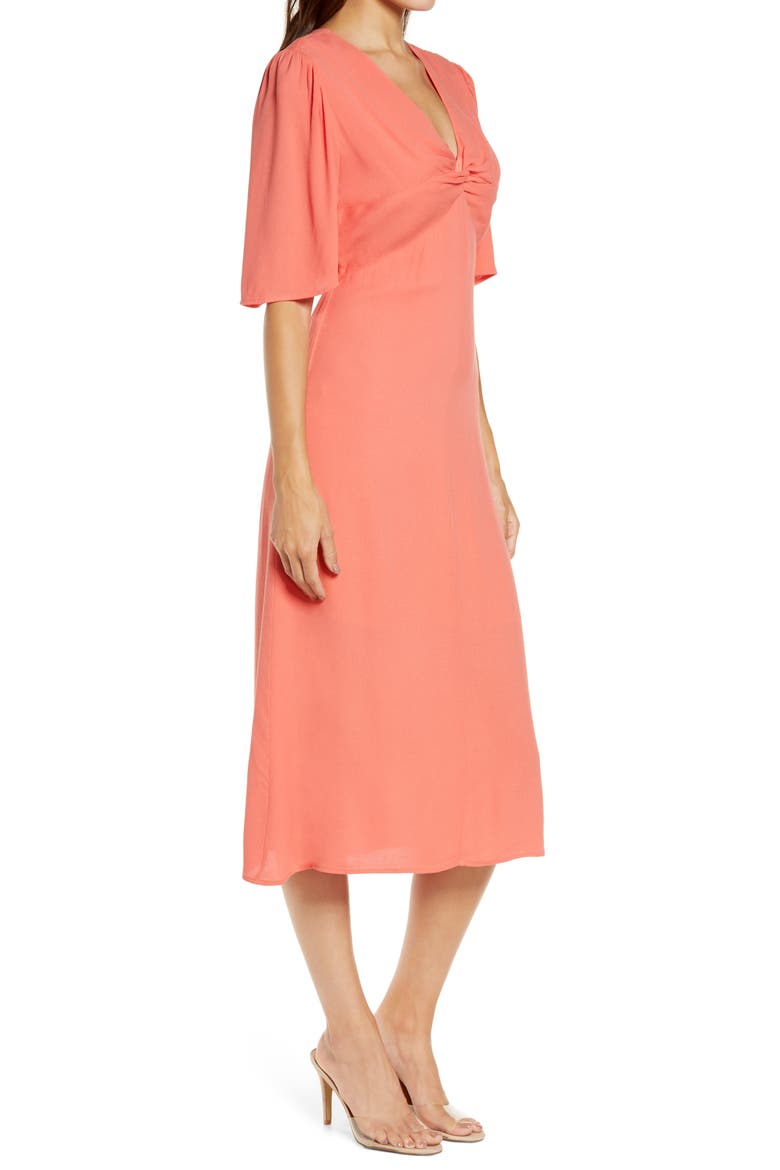 Twist Front Midi Dress, Alternate, color, CORAL ROSE