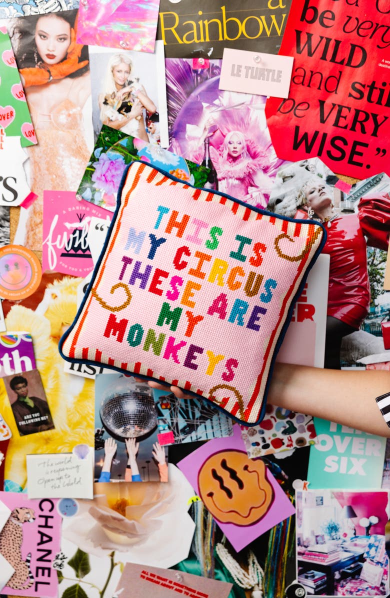 Furbish My Circus Needlepoint Pillow, Alternate, color, Blue, Pink