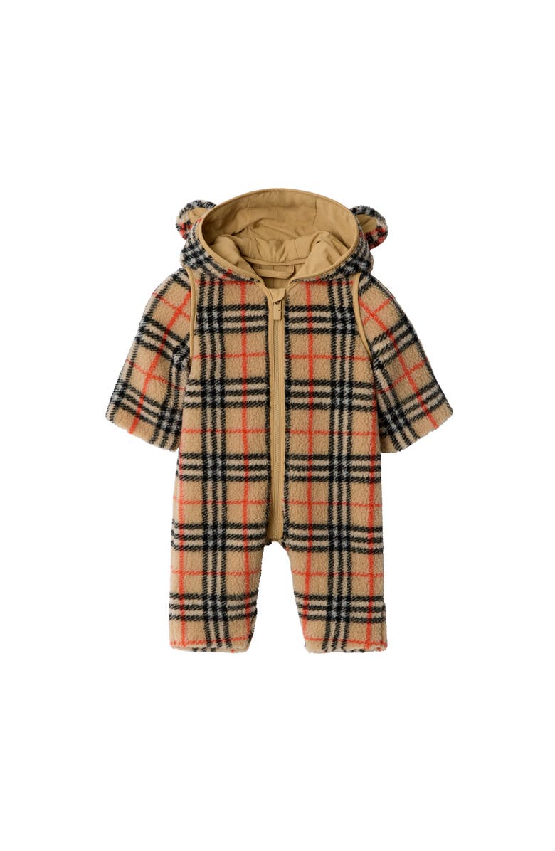 Burberry Check Fleece Hooded Jumpsuit, Main, color, Sand Beige