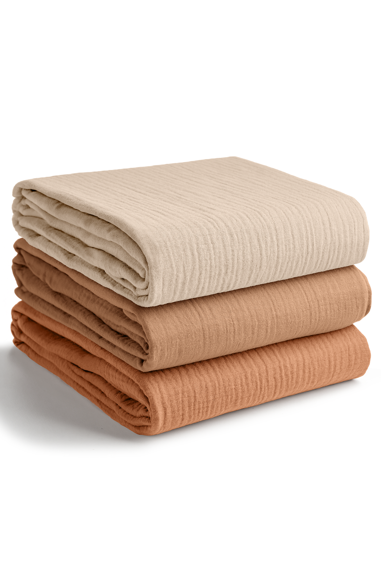 Comfy Cubs Muslin Swaddle Blankets Pack of 3, Main, color, Sand, Cedar, Caramel