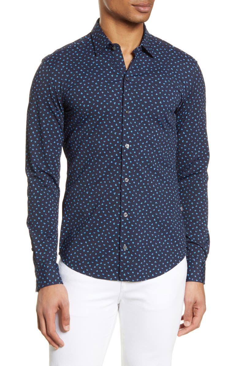 BOSS Robbie Slim Fit Mini Floral Print Button-Up Performance Shirt, Main, color,