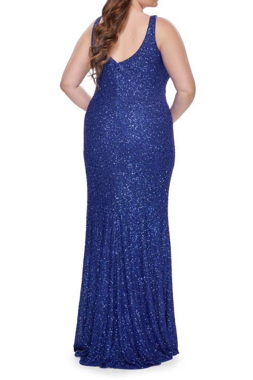 La Femme Fitted Stretch Sequin Plus Size Dress With V-neck