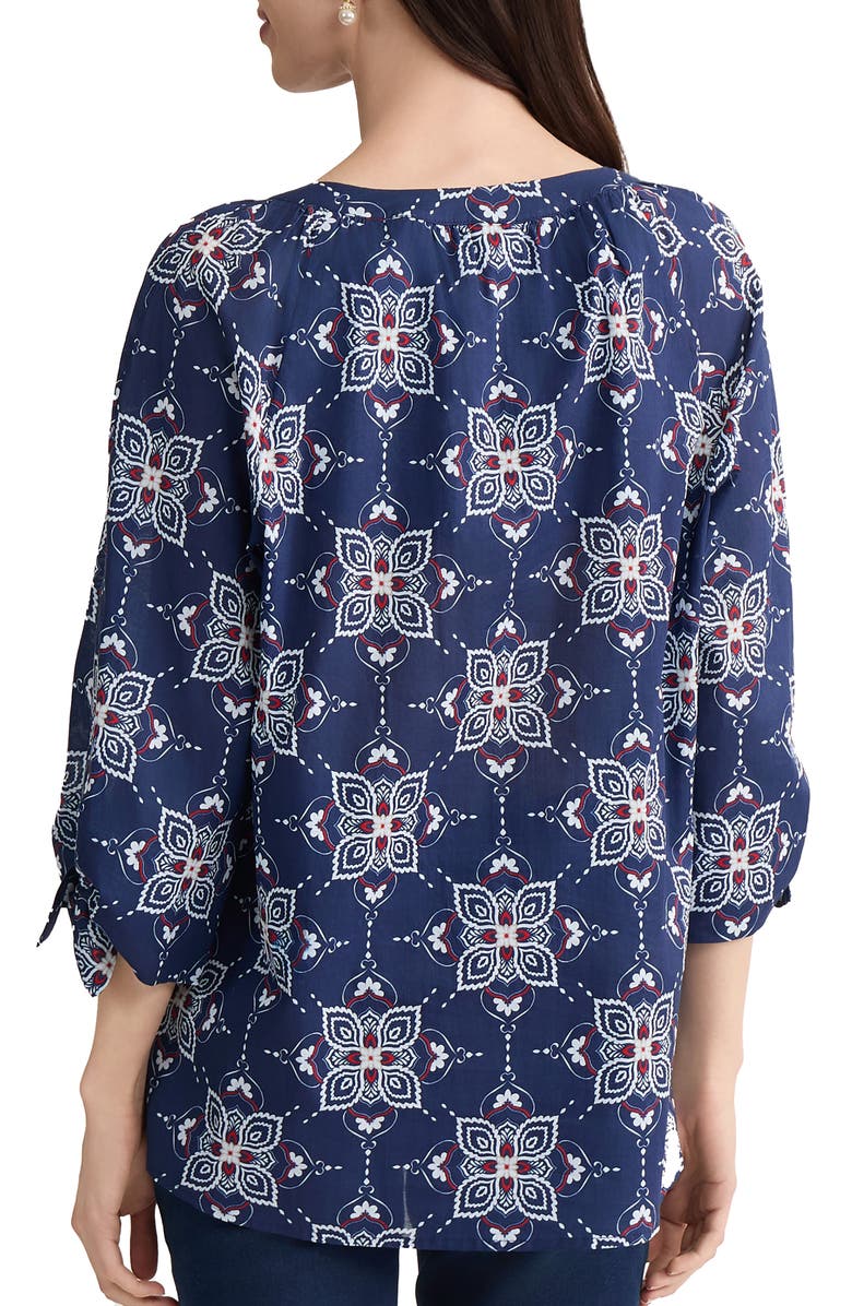 Jones New York Printed Tie Cuff Raglan Sleeve Cotton Top, Alternate, color, Pacific Navy Multi