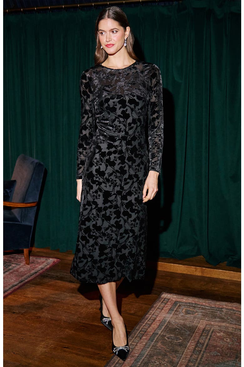 Burnout Floral Velvet Midi Dress, Alternate, color, Black