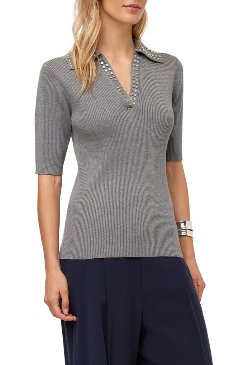 Eleanor Studded Polo Sweater, Alternate, color, GRAY