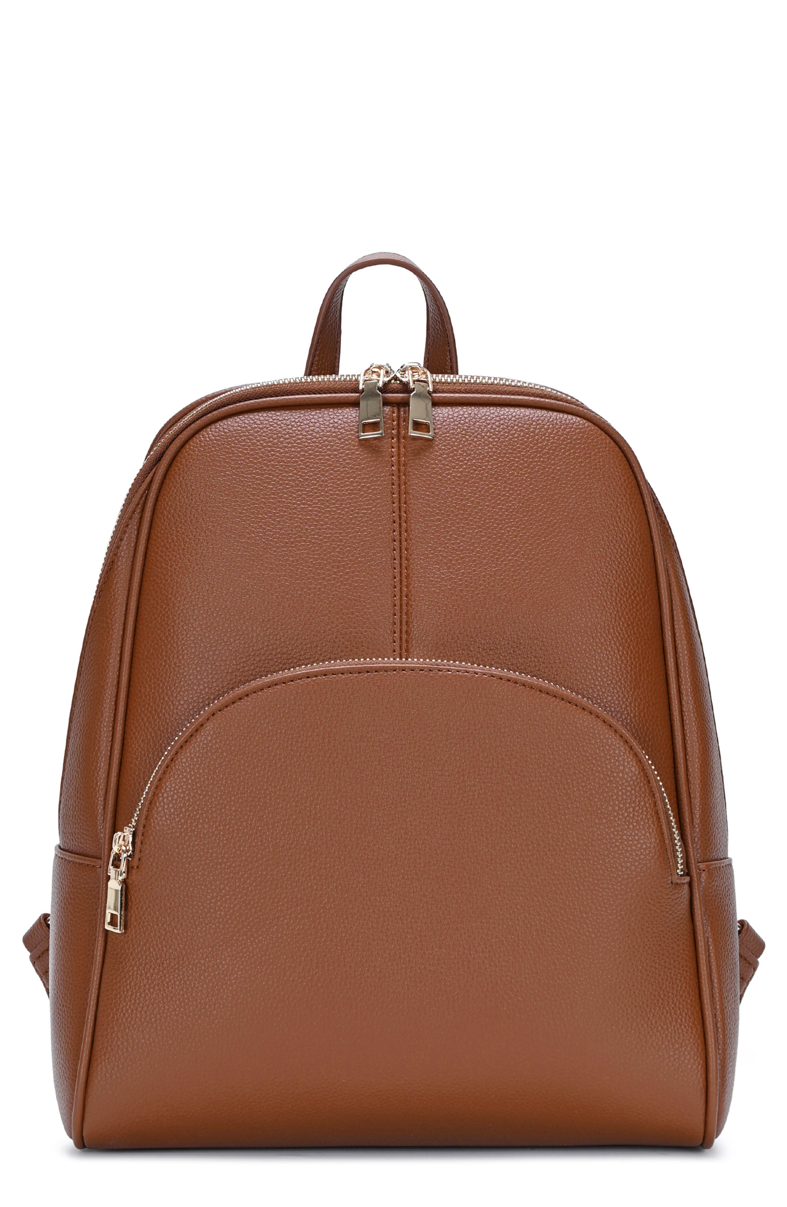 Faux Leather Zip Front Backpack, Main, color, BROWN