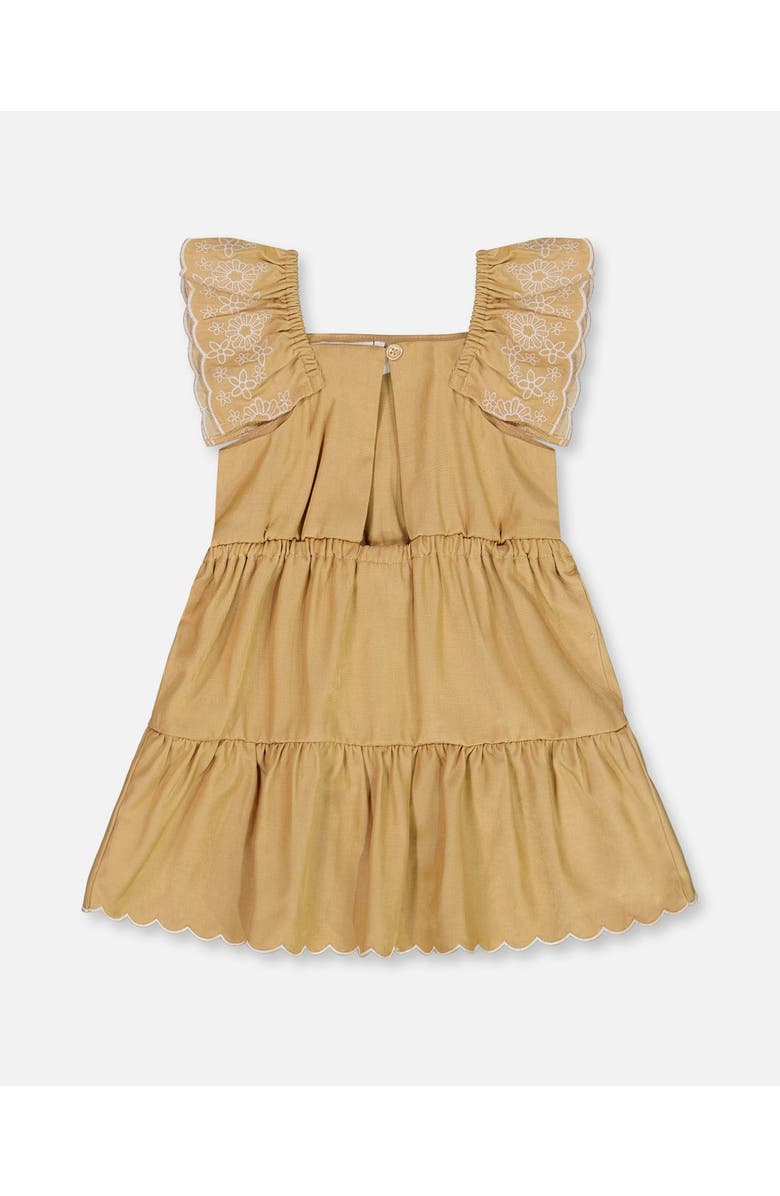 Deux par Deux Baby Girl's Chambray Dress With Embroidery Golden Beige, Alternate, color,