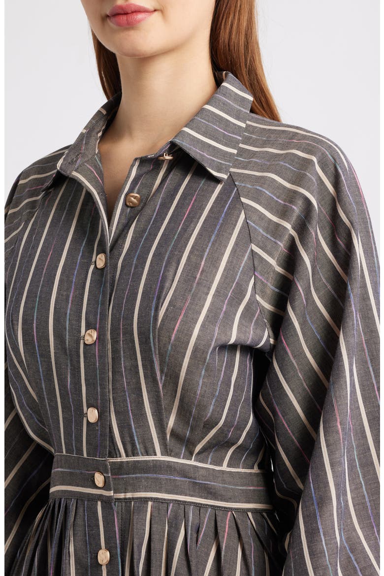 Stripe Pleated Long Sleeve Midi Shirtdress, Alternate, color, CHARCOAL