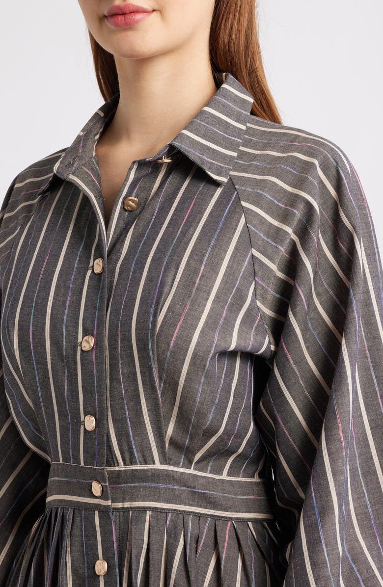 FREEMARKET Stripe Pleated Long Sleeve Midi Shirtdress, Alternate, color, Charcoal