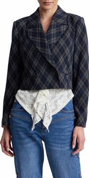 Avec Les Filles Plaid Double Breasted Cropped Blazer
