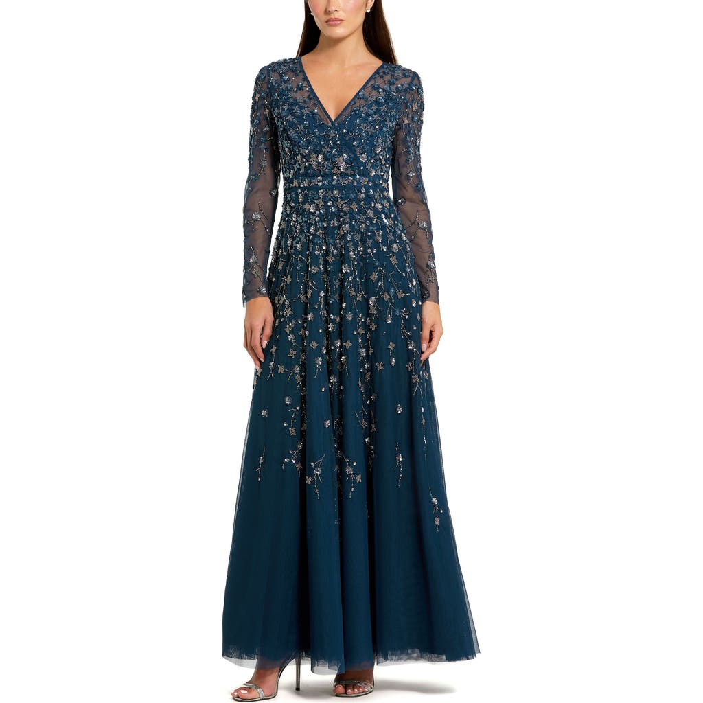 Mac Duggal Embellished Wrap Over Illusion Long Sleeve A Line Gown