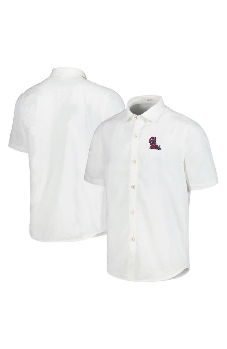 Tommy Bahama Men's Tommy Bahama White Ole Miss Rebels Coconut Point Palm Vista IslandZone Camp Button-Up Shirt, Main, color, 