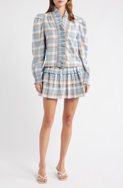 Love The Label Vera Smocked Tiered Cotton Miniskirt In Blue