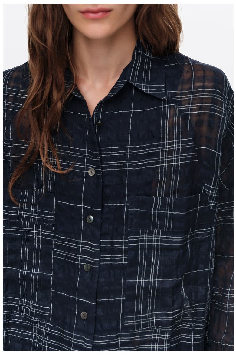 Checked linen blend oversize shirt, Alternate, color, NAVY