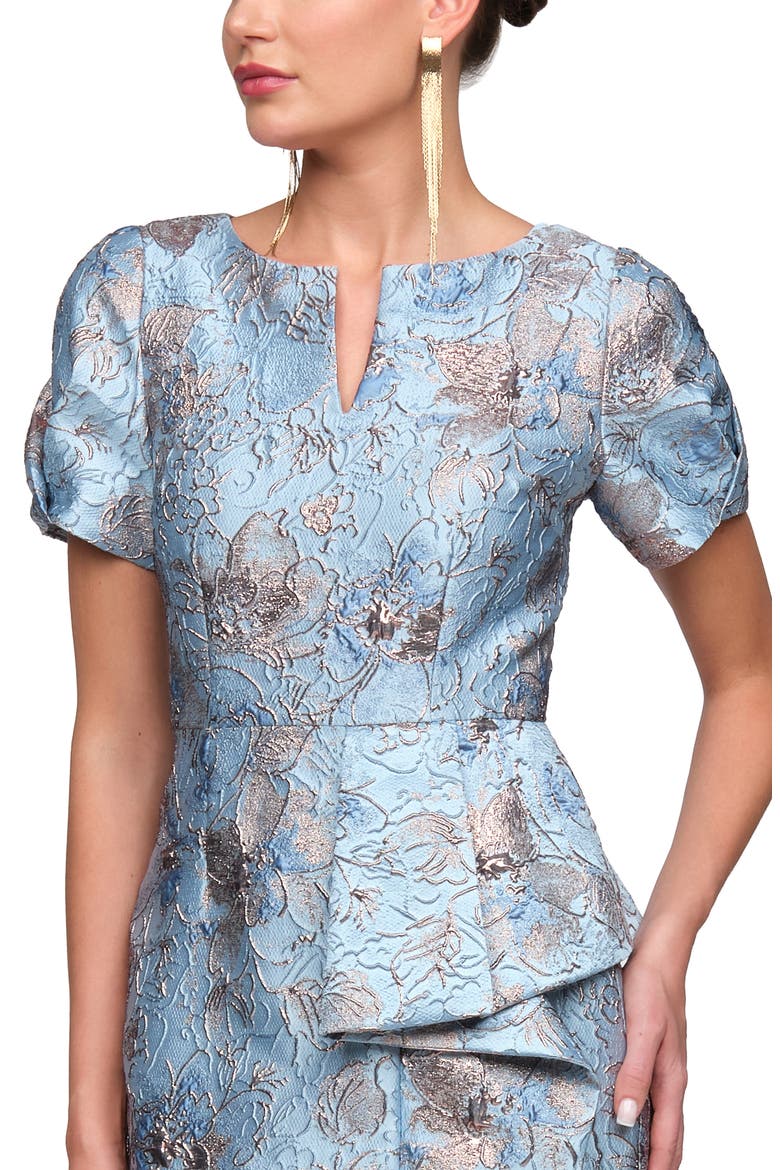 Daria Floral Puff Sleeve Column Gown, Alternate, color, BLUE GOLD