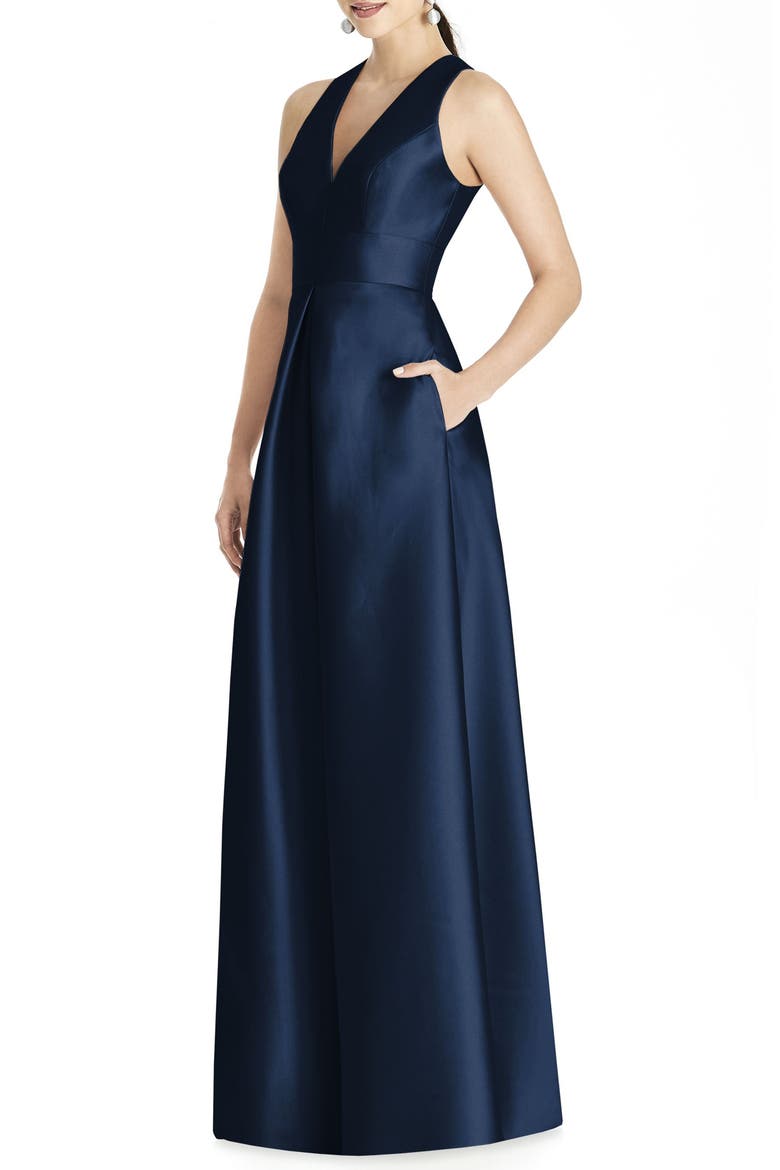 Cutout Back Satin A-Line Gown, Main, color, MIDNIGHT