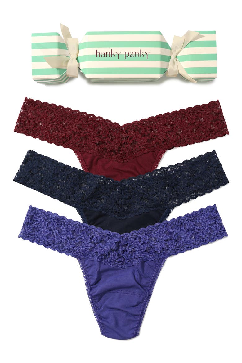 Holiday Cracker Assorted 3-Pack Low Rise Cotton Thongs, Alternate, color, CABERNET/ NAVY/ FOLK SONG