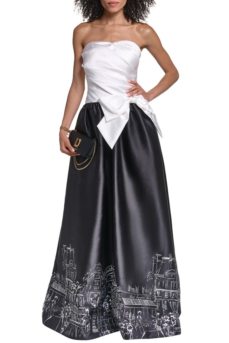 Paris Graphic Strapless Satin Gown, Alternate, color, SOFT WHITE BLACK