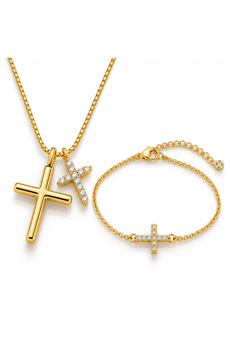 Gold Tone Crystal Cross Necklace & Bracelet Set, Main, color, Gold