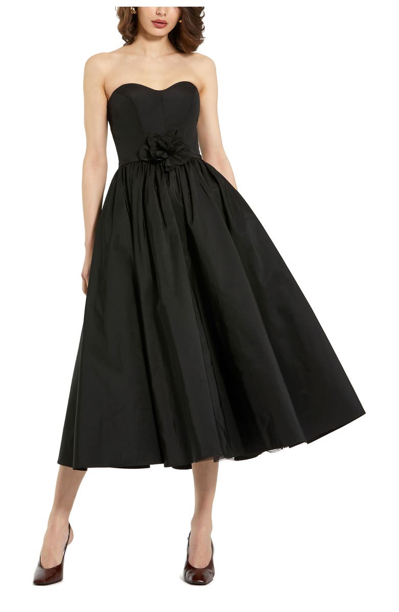 Mac Duggal Faille Strapless A Line Midi Dress With 3D Rose, Main, color, Black