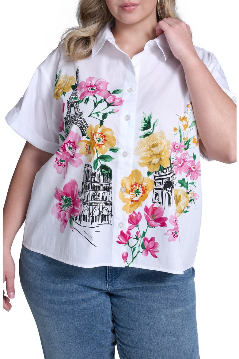 Floral Placement Cotton Poplin Button-Up Shirt, Main, color, WHITE