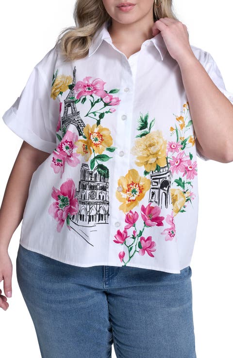 Floral Placement Cotton Poplin Button-Up Shirt (Plus)