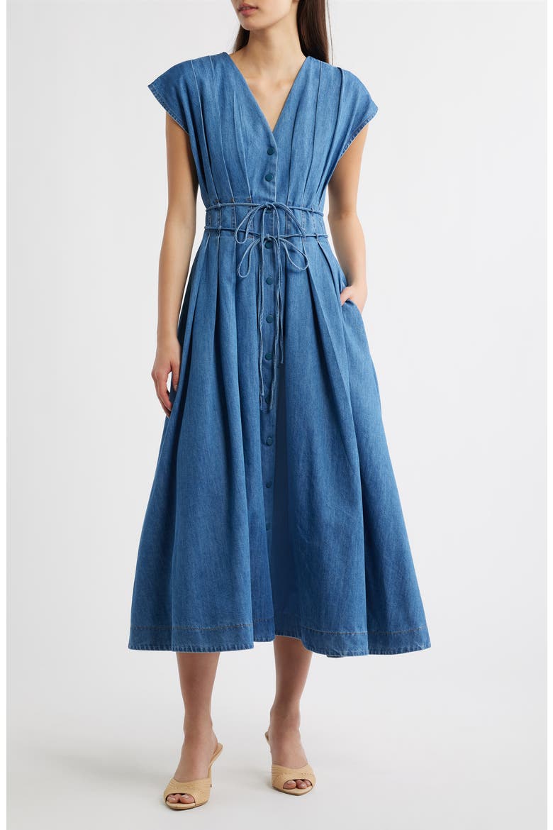 Pleat Denim Midi Shirtdress, Main, color, INDIGO