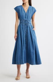 FREEMARKET Pleat Denim Midi Shirtdress