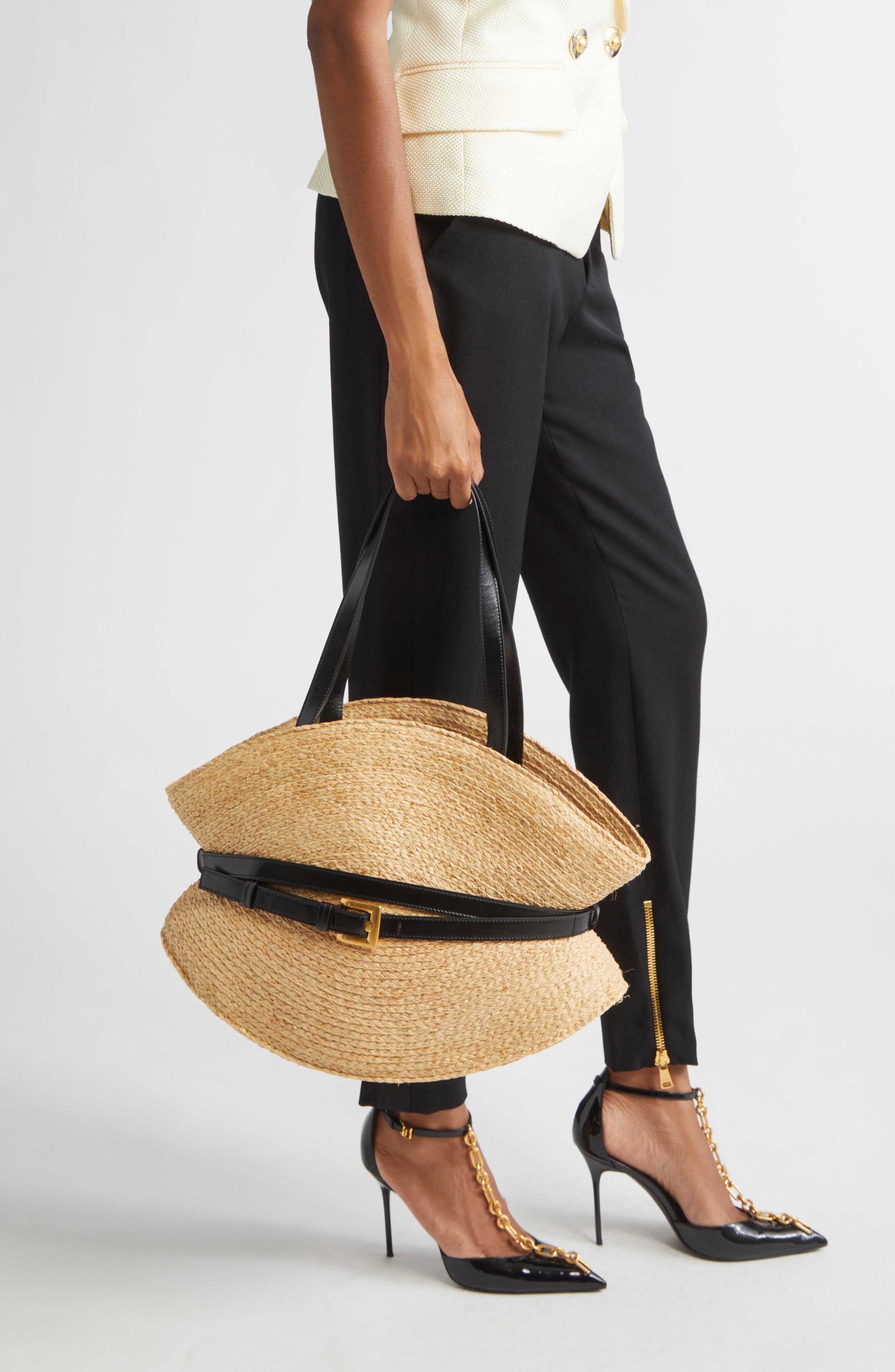 Balmain Medium Shuffle Raffia Tote, Alternate, color, Natural / Black