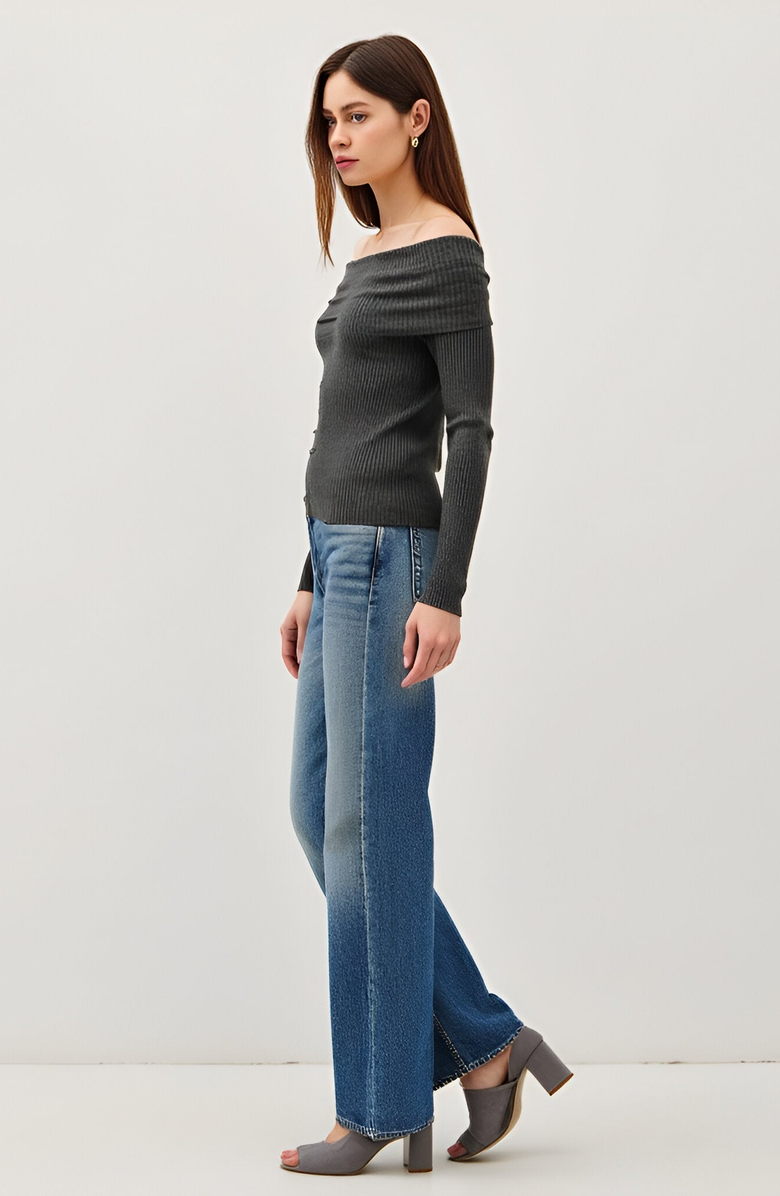 Modenaire Ribbed Button-Up Long Sleeve Top with Roll Shoulder Detail, Alternate, color, 